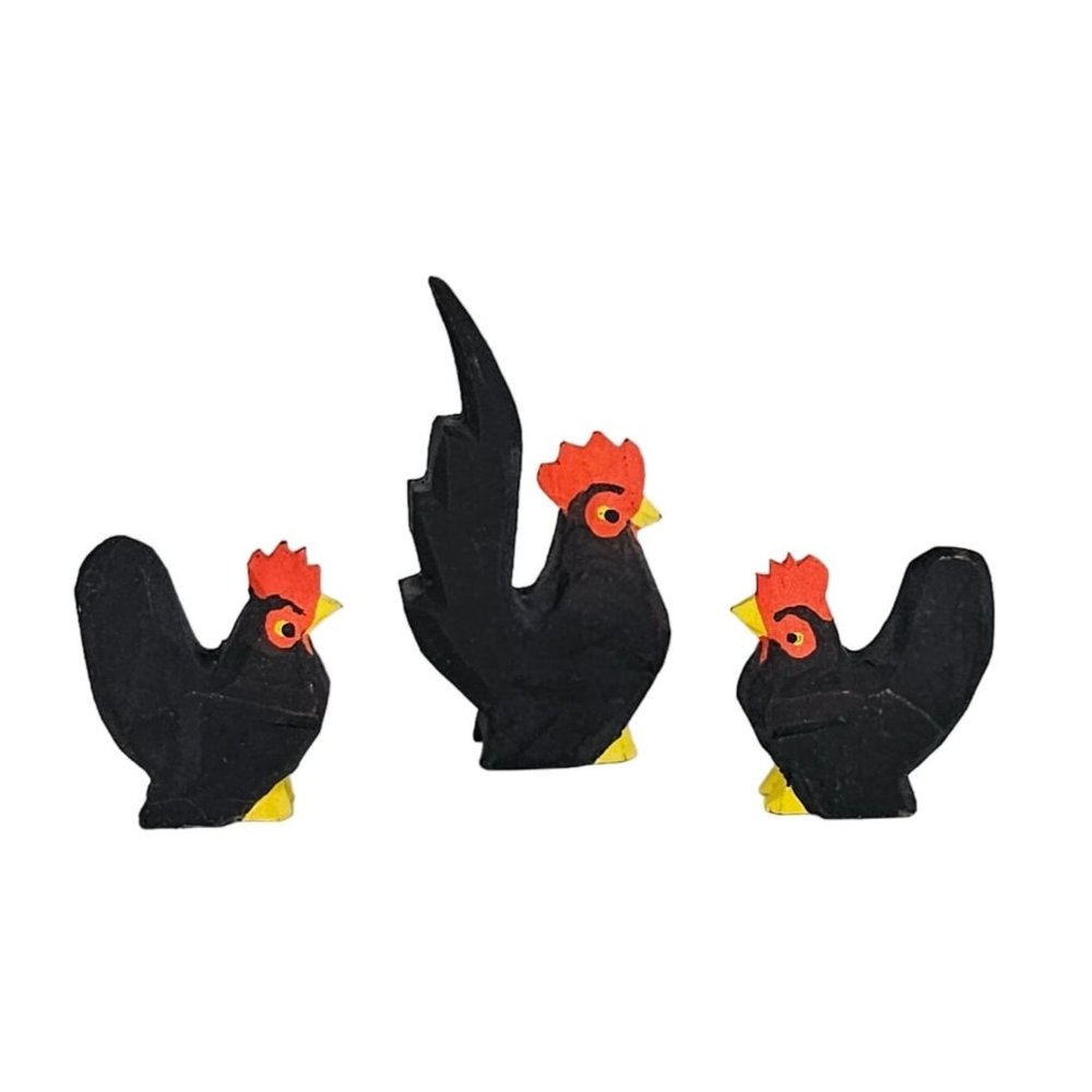 Vintage Erzgebirge Emil Helbig Black Chicken Family Wood Carved Miniature